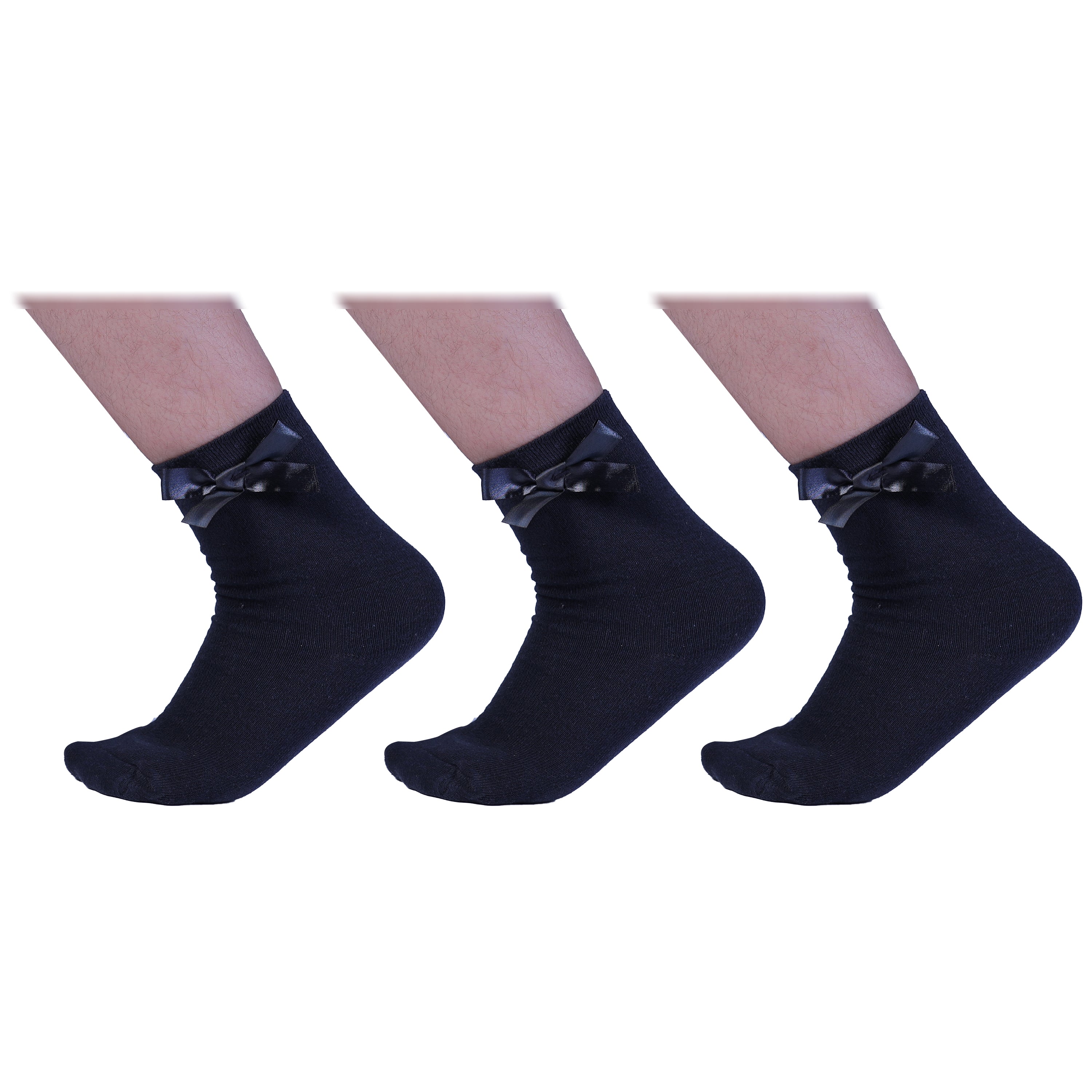 Kids Cotton Rich Plain School Ankle Socks with Matching Bow (3 Pairs)