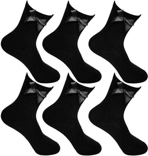 Thread Linens 6 Pairs Ankle Socks with Bow School socks Boys Girls Childrens Kids Back to school Cotton Rich Plain Ankle Socks with Matching Bow Black Navy White White