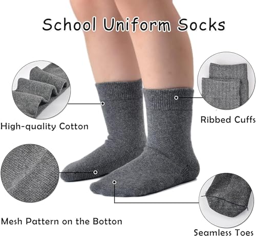 Thread Linens 6 Pairs Girls Crew Socks Kids Ankle Socks Cotton Back to School Socks uniform White Black Grey Navy