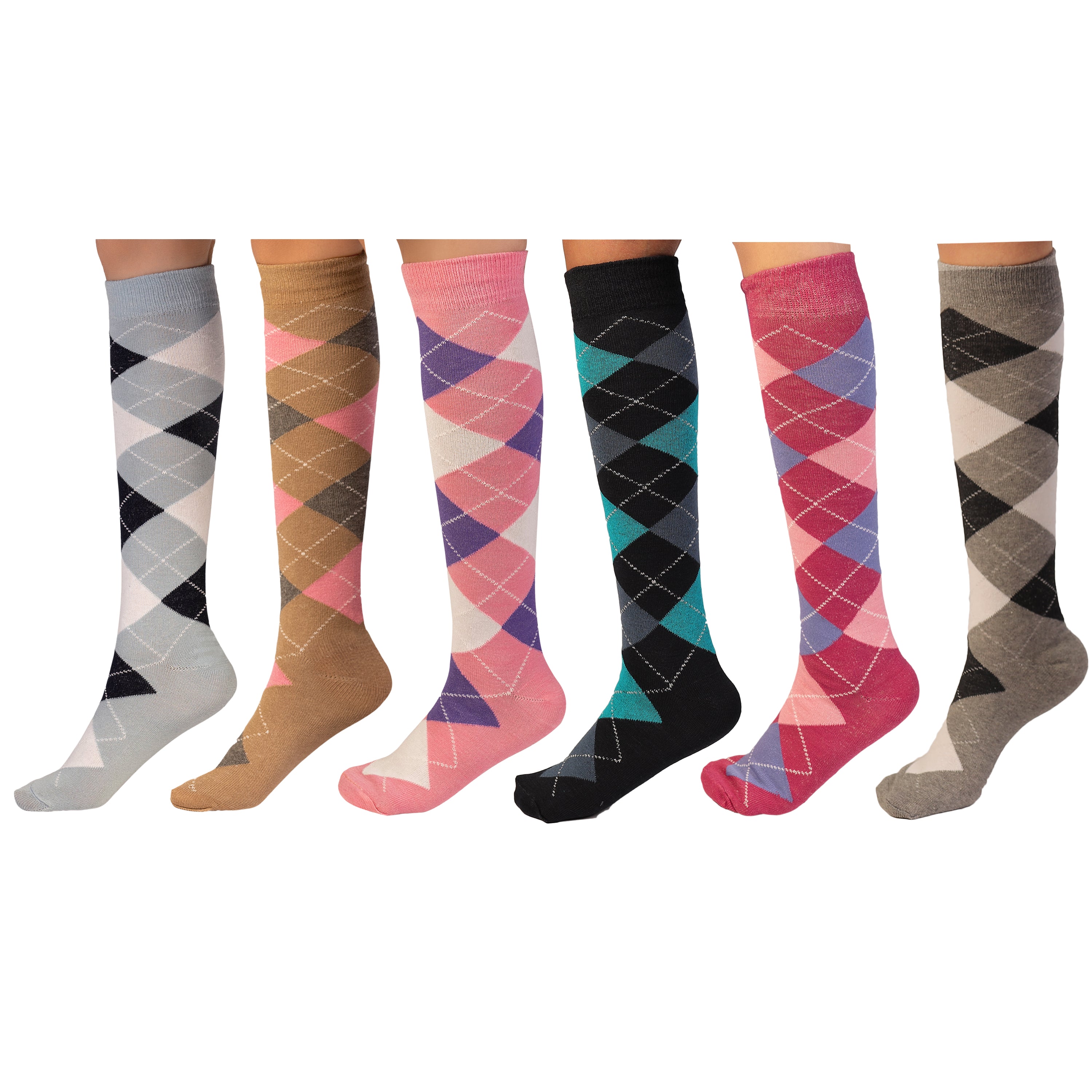 Women's Argyle Design Horse Riding Socks Long Ladies Knee High Socks (6 Pairs)