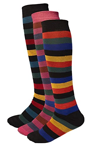 Girls Multi Colour Stripe Knee High Cotton Socks  (3 Pairs)